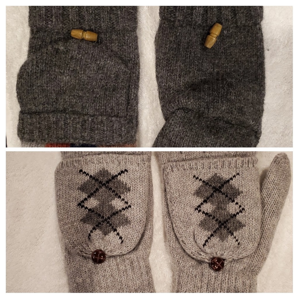 Winter Fingerless gloves/mittens wool knit with flap, gray; 2 pairs